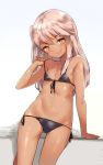  :q bare_shoulders bikini black_bikini chloe_von_einzbern commentary cowboy_shot dark_skin eyebrows_visible_through_hair fate/kaleid_liner_prisma_illya fate_(series) flat_chest front-tie_top hair_between_eyes highres kure_(kure_ng) long_hair looking_at_viewer micro_bikini navel one_side_up pink_hair shiny shiny_hair shiny_skin side-tie_bikini side_ponytail simple_background smile solo stomach_tattoo strap_pull swimsuit tattoo tongue tongue_out white_background yellow_eyes 