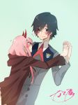  1boy 1girl black_hair blue_eyes blush commentary_request couple darling_in_the_franxx eyebrows_visible_through_hair fringe green_eyes hand_holding hetero hiro_(darling_in_the_franxx) horns long_hair looking_at_another military military_uniform nakoya_(nane_cat) necktie oni_horns pink_hair red_horns red_neckwear short_hair signature uniform zero_two_(darling_in_the_franxx) 