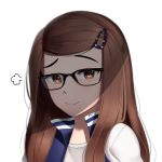  =3 black-framed_eyewear brown_eyes brown_hair commentary english_commentary face glasses hair_ornament hairclip highres long_hair looking_at_viewer original sasoura simple_background smile smug solo white_background 