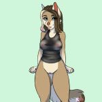  anthro bottomless breasts canine clothed clothing female looking_at_viewer mammal mars.cacxtus nipple_bulge pussy smile solo standing wet_clothing 