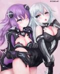  black_heart blue_eyes blush braid breasts cleavage cleavage_cutout elbow_gloves gloves hair_ornament hand_on_another's_hip large_breasts leotard long_hair looking_at_another multiple_girls neptune_(series) purple_hair purple_heart suterisu very_long_hair white_hair yuri 