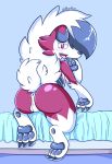  anthro anus bed bed_sheet bedding blue-rum blush butt canine claws fangs female fluffy fluffy_tail looking_back lycanroc mammal midnight_lycanroc nintendo paws pok&eacute;mon pok&eacute;mon_(species) pussy rear_view solo tongue video_games watermark 