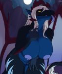  2018 5_fingers anthro barely_visible_genitalia beckoning big_breasts biped black_horn black_scales black_tail blue_nipples blue_scales blue_tongue breasts claws detailed_background digital_media_(artwork) dragon female full_moon hair horn iriedono leaning leaning_forward long_hair looking_at_viewer membranous_wings moon multicolored_scales night nipples non-mammal_breasts nude pussy scales scalie shira_(rejic13) sky solo subtle_pussy tongue tongue_out two_tone_scales white_claws white_hair wings yellow_eyes 