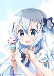  bangs black_bow blue_eyes blue_hair blush bow commentary_request dated double_scoop eyebrows_visible_through_hair feeding fingernails food frilled_sailor_collar frills gochuumon_wa_usagi_desu_ka? hair_between_eyes hair_bow hair_ornament hands_up holding holding_food holding_spoon ice_cream ice_cream_cone ice_cream_spoon kafuu_chino long_hair neki_(wakiko) nose_blush open_mouth out_of_frame puffy_short_sleeves puffy_sleeves sailor_collar shirt short_sleeves sidelocks solo_focus spoon twitter_username two_side_up very_long_hair white_sailor_collar white_shirt x_hair_ornament 
