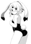  :&lt; animal_ears arched_back ass back bangs bare_shoulders blush bunny_day bunny_ears bunny_girl bunny_tail bunnysuit closed_mouth collar commentary_request crystal eyebrows_visible_through_hair flat_chest forehead_jewel from_behind fur gem greyscale hands_up highres latex leotard looking_at_viewer looking_back medium_hair monmusu_harem monochrome namaru_(summer_dandy) nose_blush parted_bangs rurie_(monmusu_harem) shiny shiny_clothes simple_background solo standing sweatdrop tail white_background 