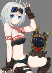  adjusting_goggles animal antenna_hair blue_eyes blush breasts brown_gloves cat cleavage closed_mouth collarbone dennou_shoujo_youtuber_shiro eyebrows_visible_through_hair felyne fingerless_gloves gloves goggles goggles_on_head kiui_gunsou large_breasts looking_at_viewer monster_hunter monster_hunter:_world shiro_(dennou_shoujo_youtuber_shiro) short_hair smile solo virtual_youtuber white_hair 