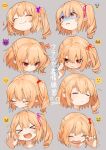 &gt;:( &gt;_&lt; 1girl :d =_= ^_^ artist_name blonde_hair blush bow clenched_hand closed_eyes commentary constricted_pupils expressions eyebrows_visible_through_hair fang_out flandre_scarlet gotoh510 grey_background hair_between_eyes hair_bobbles hair_bow hair_grab hair_ornament hair_ribbon hand_up highres laughing multiple_views musical_note no_hat no_headwear open_mouth pale_face parted_lips pink_ribbon pointy_ears portrait purple_bow red_bow red_ribbon ribbon short_hair side_ponytail signature simple_background smile tears touhou translated v-shaped_eyebrows wiping_tears 