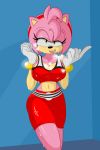  2018 amy_rose anthro beckoning big_breasts black_nose bracelet breasts clothing exercise female gloves green_eyes hair hairband hedgehog hi_res jewelry mammal midriff nasiri_(artist) navel pink_hair ring short_hair shorts solo sonic_(series) sweat video_games workout 