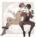  2boys blonde_hair blue_hair boots brown_footwear candy_bar chocolate chocolate_bar cravat cross-laced_footwear cup dio_brando doily finger_licking formal hat jojo_no_kimyou_na_bouken jonathan_joestar kochi_(tinga) legs_crossed licking looking_at_another male_focus multiple_boys phantom_blood sitting suit teacup top_hat 