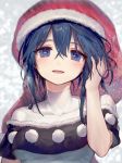  ainy77 blue_eyes blue_hair blush breasts commentary_request doremy_sweet fur_trim hair_between_eyes hand_in_hair hat highres looking_at_viewer nightcap open_mouth pom_pom_(clothes) red_hat smile solo touhou upper_body 