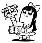  :3 bangs bkub bow eyebrows_visible_through_hair greyscale hair_bow hair_ornament hair_scrunchie holding jack_in_the_box_(toy) long_hair looking_at_viewer monochrome multiple_girls pipimi poptepipic popuko school_uniform scrunchie serafuku shoes short_hair short_twintails sidelocks simple_background skirt twintails two_side_up white_background 