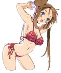  1girl adjusting_hair ankea_(a-ramo-do) arched_back armpits arms_up bangs bare_shoulders bikini blue_eyes blush breasts brown_hair cleavage collarbone cropped_legs double_bun female hair_tie highres leaning_forward long_hair looking_at_viewer medium_breasts mei_(pokemon) navel open_mouth pokemon pokemon_(game) pokemon_bw2 red_bikini side-tie_bikini simple_background smile solo standing swimsuit tied_hair twintails white_background 
