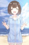  ^_^ bangs beach blue_hoodie blue_sky blush brown_hair closed_eyes cloud commentary_request cowboy_shot day drawstring eyebrows_visible_through_hair facing_viewer highres hood hood_down hoodie horizon ocean original outdoors sand short_shorts short_sleeves shorts sky solo water white_shorts yuki_arare 