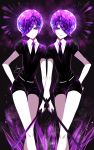  absurdres amethyst_(houseki_no_kuni) androgynous artist_name bare_legs black_background black_neckwear black_shirt black_shorts braid feet_out_of_frame gem_uniform_(houseki_no_kuni) hand_on_hip head_tilt highres holding holding_sword holding_weapon houseki_no_kuni looking_at_viewer multiple_others necktie parted_lips puffy_short_sleeves puffy_sleeves purple_eyes purple_hair sheya shirt short_hair short_shorts short_sleeves shorts signature smile sparkle standing sword very_short_hair weapon wing_collar 