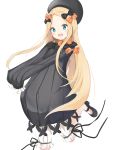  :d abigail_williams_(fate/grand_order) absurdres bangs black_bow black_dress black_footwear black_hat blonde_hair bloomers blue_eyes blush bow bug butterfly commentary_request dress eyebrows_visible_through_hair fate/grand_order fate_(series) forehead hair_bow hat head_tilt highres insect long_hair long_sleeves looking_at_viewer mary_janes open_mouth orange_bow parted_bangs shoes simple_background sleeves_past_fingers sleeves_past_wrists smile solo standing standing_on_one_leg underwear very_long_hair white_background white_bloomers yukaa 