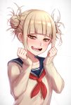  bangs blonde_hair blunt_bangs boku_no_hero_academia double_bun eyebrows_visible_through_hair fangs half-closed_eyes highres jirofly long_sleeves looking_at_viewer open_mouth sailor_collar school_uniform serafuku short_twintails simple_background smile solo teeth toga_himiko twintails white_background yellow_eyes 