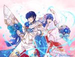  1girl bare_shoulders blue_eyes blue_hair bouquet bridal_veil bride couple dress elbow_gloves fire_emblem fire_emblem:_monshou_no_nazo fire_emblem_heroes flamingo_(eme324) flower formal gloves groom hetero highres husband_and_wife jewelry long_hair marth necklace open_mouth pegasus_knight sheeda smile strapless suit tiara tuxedo veil weapon wedding wedding_dress white_dress white_flower white_gloves 