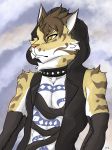  abs anthro clothing clouded_leopard collar feline fur hoodie leopard likulau male mammal muscular nekojishi simple_background spicyocean tattoo 