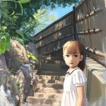  bangs blue_ribbon blue_sky blunt_bangs brown_hair day dress fence grass grey_eyes hair_ribbon highres looking_at_viewer nazoani_museum original outdoors ribbon rock short_sleeves sky solo stairs standing white_dress 
