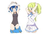  2girls adjusting_hair ankea_(a-ramo-do) armpits arms_above_head arms_up black_swimsuit blonde_hair blue_eyes blue_hair blue_pants breasts cropped_legs expressionless female flat_chest green_eyes hair_tie hair_tie_in_mouth half-closed_eyes lillie_(pokemon) looking_at_viewer matching_hair/eyes mouth_hold multiple_girls one-piece_swimsuit open_mouth pants pants_pull pleated_skirt pokemon pokemon_(game) pokemon_sm shirt shirt_lift short_hair short_sleeves simple_background skirt small_breasts standing suiren_(pokemon) swimsuit trial_captain tying_hair undressing white_background white_shirt white_skirt 