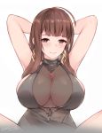  ahoge alternate_costume armlet arms_behind_head arms_up bangs black_dress blunt_bangs blush breasts brown_hair casual choker closed_mouth dress dsr-50_(girls_frontline) earrings eyebrows_visible_through_hair girls_frontline hair_ornament jewelry kuavera large_breasts long_hair looking_at_viewer pendant red_eyes ruby_(stone) sideboob sidelocks skindentation smile solo spread_legs squatting 