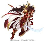  armor brown_eyes brown_hair fire_emblem fire_emblem_heroes fire_emblem_if gloves kita_senri long_coat long_hair male_focus mask official_art pants raijintou_(sword) red_armor ryouma_(fire_emblem_if) simple_background solo spiked_hair very_long_hair weapon white_background white_coat white_pants 