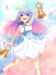  :d angel_wings arm_up bare_shoulders bell bell_earrings bellringer_angel blue_eyes blue_footwear blue_hair blue_sky blush cherry_blossoms day dress earrings glint hair_ornament hairclip halo halterneck highres holding_bell hosityaya jewelry long_hair looking_at_viewer open_mouth outdoors petals shadowverse shoes sky smile solo white_dress wings 