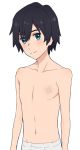  aqua_eyes bangs black_hair blush chest_scar commentary darling_in_the_franxx english_commentary highres hiro_(darling_in_the_franxx) k_016002 looking_at_viewer male_focus male_underwear no_nipples protected_link scar shirtless simple_background solo underwear underwear_only white_background 