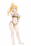  absurdres ass_visible_through_thighs barefoot bikini blonde_hair blue_eyes blush breasts cleavage clenched_hand glasses hand_on_hip harukana_receive highres medium_breasts navel o-ring o-ring_bottom official_art outstretched_arm ponytail smile swimsuit thomas_claire volleyball watch white_background wristwatch 