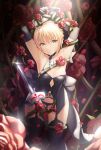  agnamore armpits arms_up artoria_pendragon_(all) bangs between_legs black_gloves black_legwear black_panties blonde_hair blush breasts chain collarbone commentary_request cuts elbow_gloves eyebrows_visible_through_hair fate/stay_night fate_(series) flower garter_belt glint gloves hair_between_eyes head_tilt highres injury looking_at_viewer navel panties parted_lips pixiv_fate/grand_order_contest_2 red_flower red_rose restrained rose saber_alter small_breasts solo sweat sword thighhighs thorns underwear v-shaped_eyebrows weapon yellow_eyes 