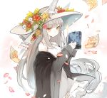  animal_ears bangs bare_shoulders book closed_mouth collarbone commentary_request dress ears_through_headwear eyebrows_visible_through_hair flower fox_ears grey_jacket hat holding holding_book jacket long_hair long_sleeves mitu_yang orange_eyes original paper petals red_flower silver_hair sleeveless sleeveless_dress sleeves_past_wrists solo sparkle strap_slip very_long_hair white_dress white_flower white_hat yellow_flower 