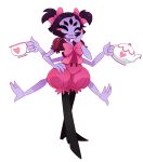  2015 anthro arachnid arthropod black_eyes black_hair blush clothed clothing cup dress fangs female grey_skin hair hair_bow hair_ribbon hand_on_hip hi_res muffet multi_eye multi_limb one_eye_closed open_mouth ribbons simple_background smile solo spider sssonic2 tea_cup tea_pot undertale video_games white_background 