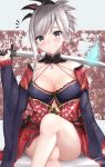  1girl asymmetrical_hair bangs blue_sleeves blush breasts choker cleavage detached_sleeves fate/grand_order fate_(series) grey_eyes hair_ornament head_tilt highres holding holding_sword holding_weapon katana large_breasts legs_crossed long_sleeves looking_at_viewer magatama_necklace miyamoto_musashi_(fate/grand_order) silver_hair sitting solo swept_bangs sword tied_hair user_yexh7882 weapon wide_sleeves 