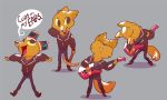  2017 4_fingers anthro artsy boots canine clothed clothing cup dialogue english_text eyes_closed fangs footwear fox fully_clothed fur gregg_(nitw) grey_background guitar hi_res holding_musical_instrument holding_object jacket jeans leather leather_jacket looking_aside looking_away looking_up mammal multiple_scenes musical_instrument night_in_the_woods open_mouth open_smile orange_fur pants pickaxe simple_background smile speech_bubble standing text wiping_face yellow_sclera 