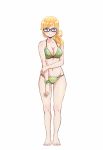  absurdres ass_visible_through_thighs barefoot bikini blonde_hair blue_eyes blush breasts cleavage glasses harukana_receive highres medium_breasts navel o-ring o-ring_bottom official_art ponytail smile swimsuit thomas_emily watch white_background wristwatch 