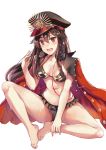  ankle_grab bangs barefoot bikini black_bikini black_hat blush breasts breasts_apart brown_hair cape commentary_request eyebrows_visible_through_hair family_crest fate/grand_order fate_(series) feet fingernails hair_between_eyes hand_up hat headphones headphones_around_neck highres koha-ace konka long_hair medium_breasts military_hat nail_polish navel oda_nobunaga_(fate) oda_uri open_mouth peaked_cap pink_nails pixiv_fate/grand_order_contest_2 red_cape red_eyes simple_background sitting solo swimsuit very_long_hair wet white_background 