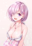  :d absurdres bad_revision bow breasts cleavage downscaled_revision fate/grand_order fate_(series) hair_bow hair_over_one_eye hayashi_takeo highres jewelry large_breasts lavender_hair looking_at_viewer mash_kyrielight md5_mismatch necklace open_mouth pink_bow purple_eyes short_hair smile solo swimsuit upper_body white_bow 