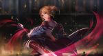  back bangs bare_shoulders blonde_hair blurry blurry_background braid clarent closed_mouth detached_collar detached_sleeves dual_wielding fate/apocrypha fate_(series) french_braid from_behind gauntlets gem green_eyes hair_ornament hair_scrunchie head_tilt highres holding holding_sword holding_weapon light_trail looking_at_viewer looking_back mordred_(fate) mordred_(fate)_(all) parted_bangs ponytail red_skirt reverse_grip rix2118 ruby_(stone) scrunchie short_hair short_ponytail skirt solo standing sword v-shaped_eyebrows weapon wind 