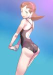  ass blue_background blush bracelet brown_hair capcom cowboy_shot earrings green_eyes hairband hands_together jewelry legs_together looking_at_viewer looking_back one-piece_swimsuit one_eye_closed rockman rockman_dash simple_background skin_tight solo source_request standing stretch swimsuit tron_bonne ukimukai 
