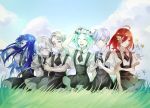  :d ahoge androgynous antarcticite aqua_hair arm_up bangs blue_eyes blue_hair blue_sky cairngorm_(houseki_no_kuni) closed_eyes cloud colored_eyelashes crossed_arms day facing_viewer flower gem_uniform_(houseki_no_kuni) ghost_quartz_(houseki_no_kuni) grass green_hair grey_eyes grey_hair group_picture hair_between_eyes hair_flower hair_ornament hair_over_one_eye hand_in_hair happy head_wreath highres holding holding_flower houseki_no_kuni lapis_lazuli_(houseki_no_kuni) lineup long_bangs long_hair medium_hair mercury multiple_others necktie open_mouth outdoors phosphophyllite raised_eyebrow red_eyes red_hair scenery shinsha_(houseki_no_kuni) short_hair side-by-side silver_eyes silver_hair sitting sky smile sparkle straight_hair suspenders time_paradox white_eyes white_hair white_skin yuyu_qianlan 