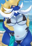  anthro anthrofied areola belly big_belly big_breasts blue_body blush breasts camel_toe claws clothed clothing eyelashes female looking_at_viewer navel nintendo nipple_bulge overweight overweight_female partially_clothed pok&eacute;mon pok&eacute;mon_(species) samurott smile solo thick_thighs video_games ツナ缶 