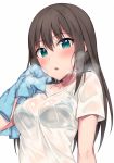  :o aqua_eyes bangs blush bra bralines breasts breath brown_hair collarbone commentary_request eyebrows_visible_through_hair highres hiiragi_hajime idolmaster idolmaster_cinderella_girls long_hair looking_at_viewer medium_breasts see-through shibuya_rin shirt simple_background solo sweat towel underwear upper_body wet wet_clothes wet_shirt white_background white_shirt 