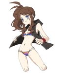  1girl ankea_(a-ramo-do) bangs bare_shoulders bikini black_vest blue_eyes blush breasts brown_hair cropped_legs eyebrows_visible_through_hair female groin highres legs_apart looking_at_viewer multicolored_bikini navel pokemon pokemon_(game) pokemon_bw ponytail shiny shiny_skin simple_background small_breasts smile solo standing swimsuit tied_hair touko_(pokemon) vest white_background wristband 