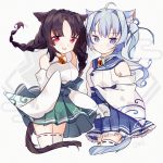  animal_ears asashio_(azur_lane) azur_lane bangs bare_shoulders bell blue_eyes blue_hair blue_ribbon blue_skirt braid breasts brown_hair cake_(isiofb) cat_ears cat_girl cat_tail commentary_request detached_sleeves eyebrows_visible_through_hair frilled_skirt frills green_skirt grey_background hair_ribbon highres japanese_clothes jingle_bell kimono long_sleeves low_twintails medium_breasts multiple_girls ooshio_(azur_lane) parted_bangs pleated_skirt red_eyes ribbon ribbon-trimmed_legwear ribbon_trim skirt sleeves_past_fingers sleeves_past_wrists tail twin_braids twintails white_kimono white_legwear wide_sleeves 