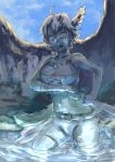  1girl belt breasts cleavage female kome_aisu necklace open_mouth petrification short_hair solo sword weapon 