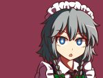  black_neckwear blue_eyes bow braid commentary english_commentary eyebrows_visible_through_hair eyelashes frilled_sleeves frills green_bow hair_between_eyes hair_bow izayoi_sakuya looking_at_viewer maid maid_headdress open_mouth portrait red_background short_hair silver_hair simple_background solo touhou twin_braids wing_collar wool_(miwol) 