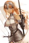  1girl armor armored_dress blonde_hair blue_eyes breasts chains cleavage collarbone dress eyebrows_visible_through_hair fate/apocrypha fate_(series) floating_hair gauntlets headpiece highres holding jeanne_d&#039;arc_(fate) jeanne_d&#039;arc_(fate)_(all) large_breasts long_hair looking_to_the_side sheath sheathed shiny shiny_clothes simple_background solo standing sword very_long_hair vic weapon white_background white_dress 