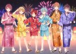  aliasing all_male animal_ears aqua_eyes aqua_hair bicolored_eyes blonde_hair blue_eyes brown_eyes brown_hair catboy collar fan festival fireworks fukahire_sanba green_eyes japanese_clothes male orange_eyes red_hair short_hair shorts summer yukata 