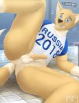  2018 anthro arcsuh balls butt canine clothing cum cum_drip digital_media_(artwork) dripping erection fifa fur hi_res humanoid_penis locker_room lying male mammal mascot multicolored_fur nude painted penis public solo spreading teeth two_tone_fur wolf zabivaka 