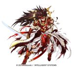  armor broken_armor brown_eyes brown_hair fire_emblem fire_emblem_heroes fire_emblem_if gloves kita_senri long_coat long_hair male_focus mask official_art pants raijintou_(sword) red_armor ryouma_(fire_emblem_if) simple_background solo spiked_hair torn_clothes very_long_hair weapon white_background white_coat white_pants 